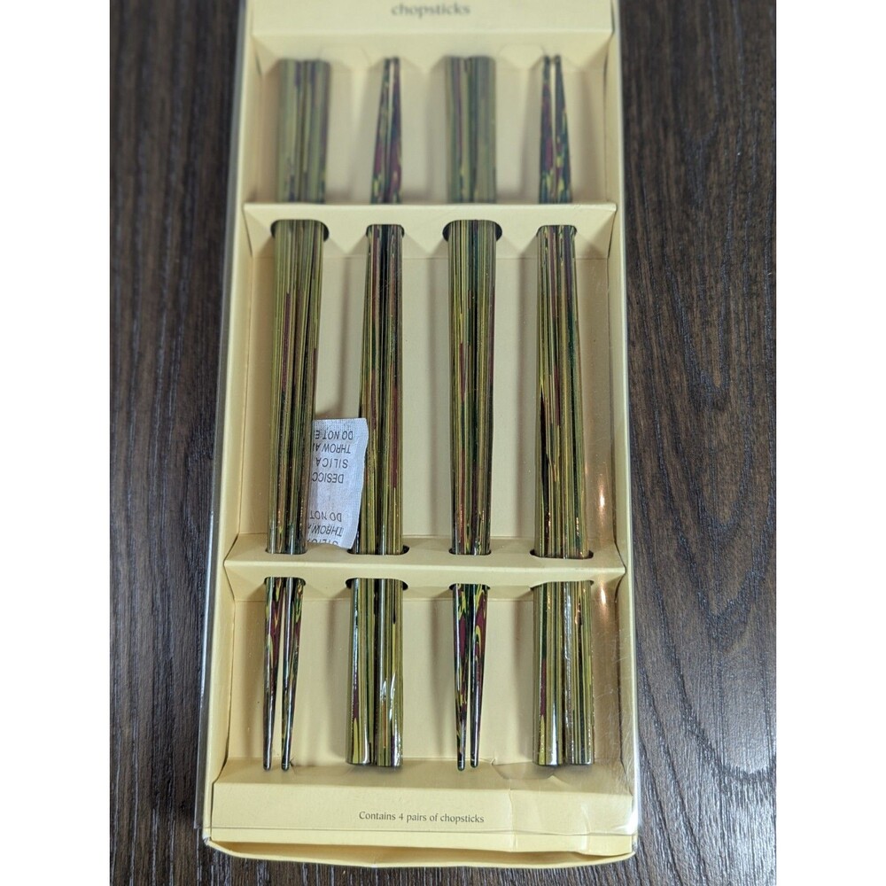 VTG NIB Pier 1 Chopsticks Set - 4 Pairs Marbled Striped Black Burgundy Yellow